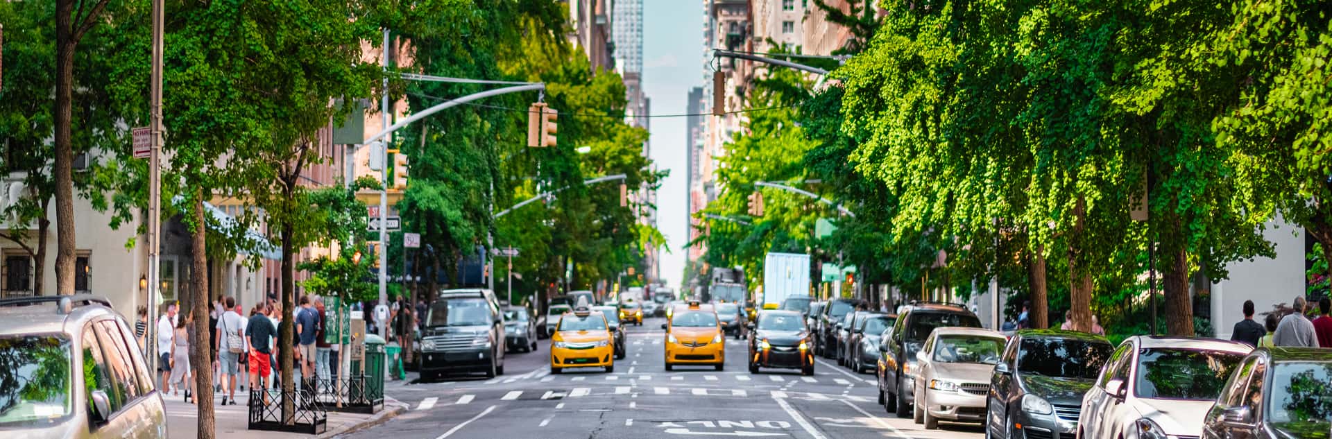 New York City street lined with green trees, parked cars, moving traffic, and pedestrians walking along the sidewalk.